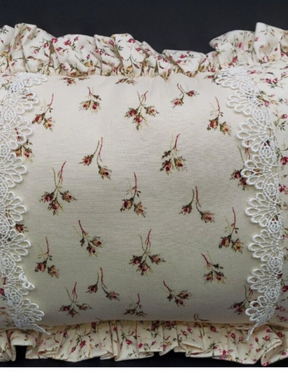Ruffled trim handmade pillow roses lace cottage chic core shabby pillow 11 x 15"